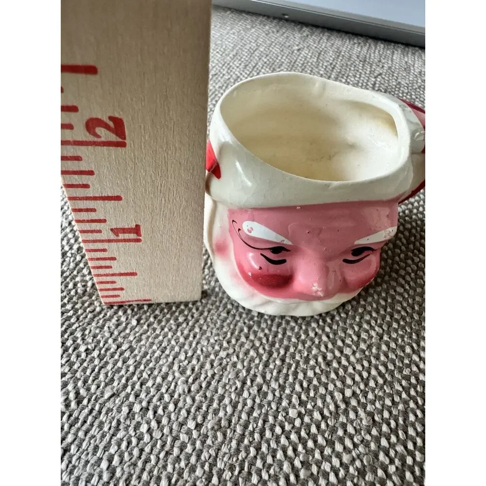 Vintage Pink Face Santa Mug 1.75” Christmas Figurine Ceramic MCM Collectible 50s